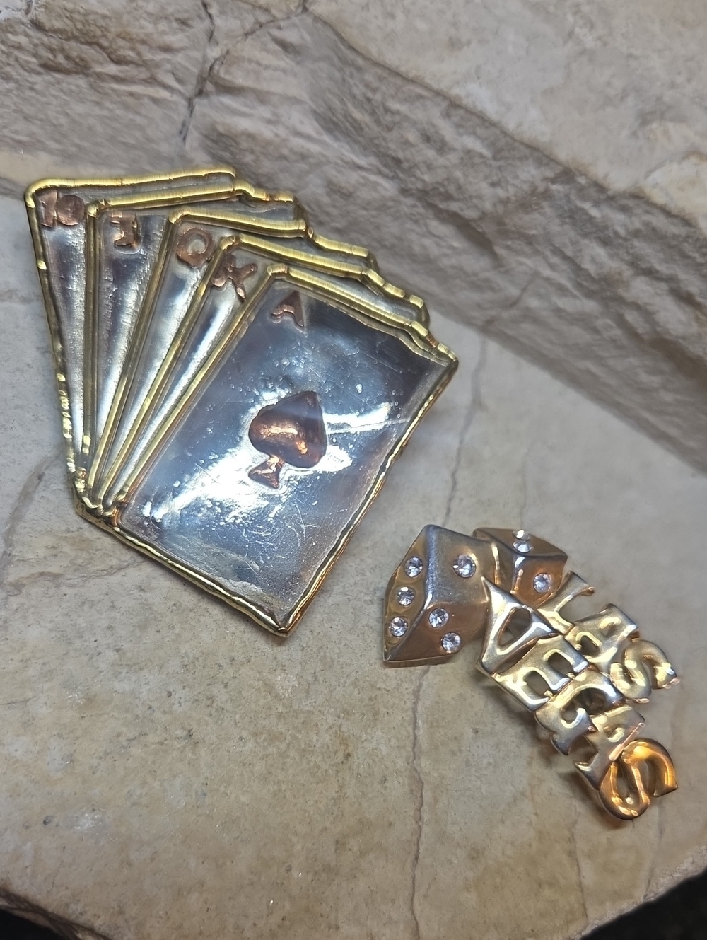 Gold-Tone Playing Card Poker & Dice Brooch Set - Women Jewelry